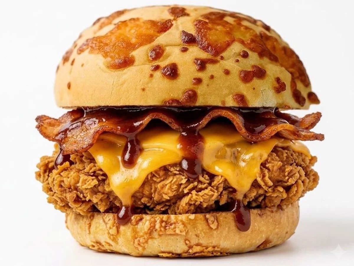 Bacon Crispy con pollo frito, cheddar, bacon y barbacoa en pan de queso.