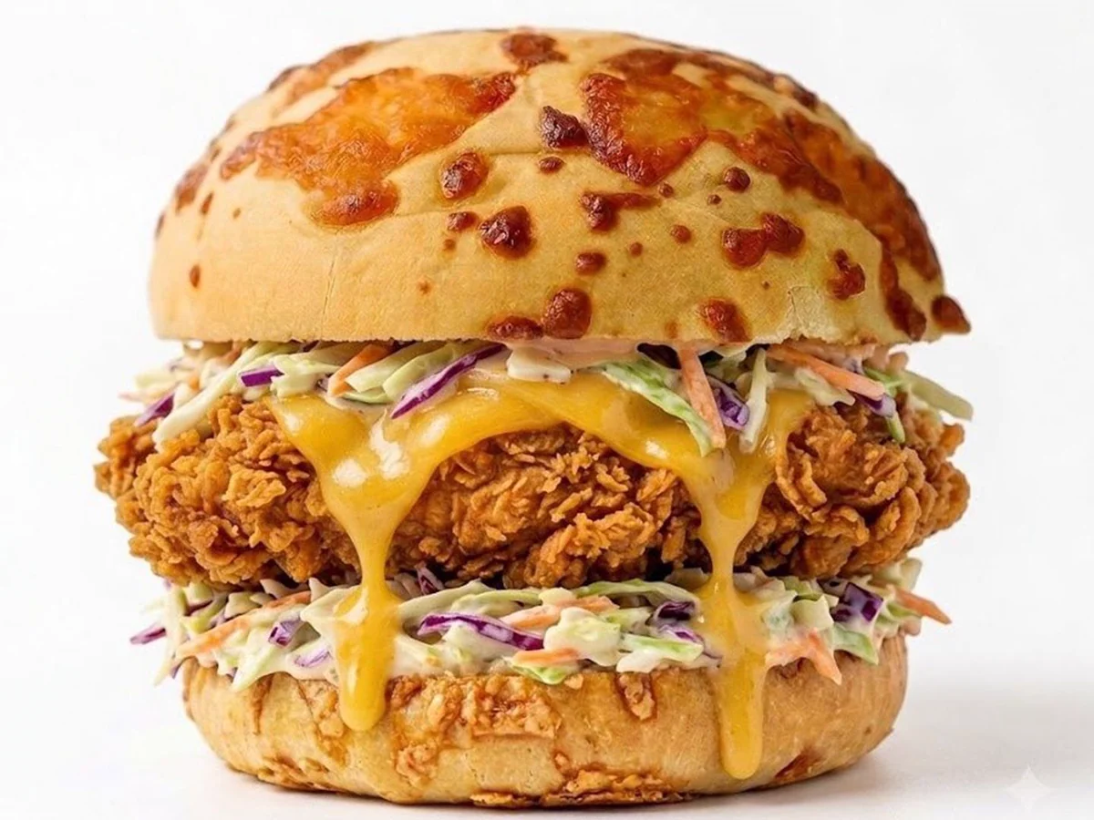 Coleslaw Crispy con pollo frito, cheddar y coleslaw en pan de queso.