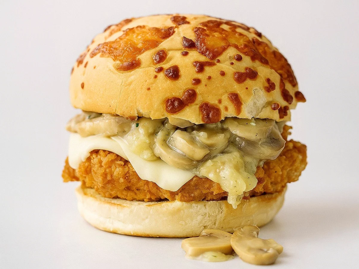 Fungi Crispy con champiñones y queso, presentada con pollo adicional.