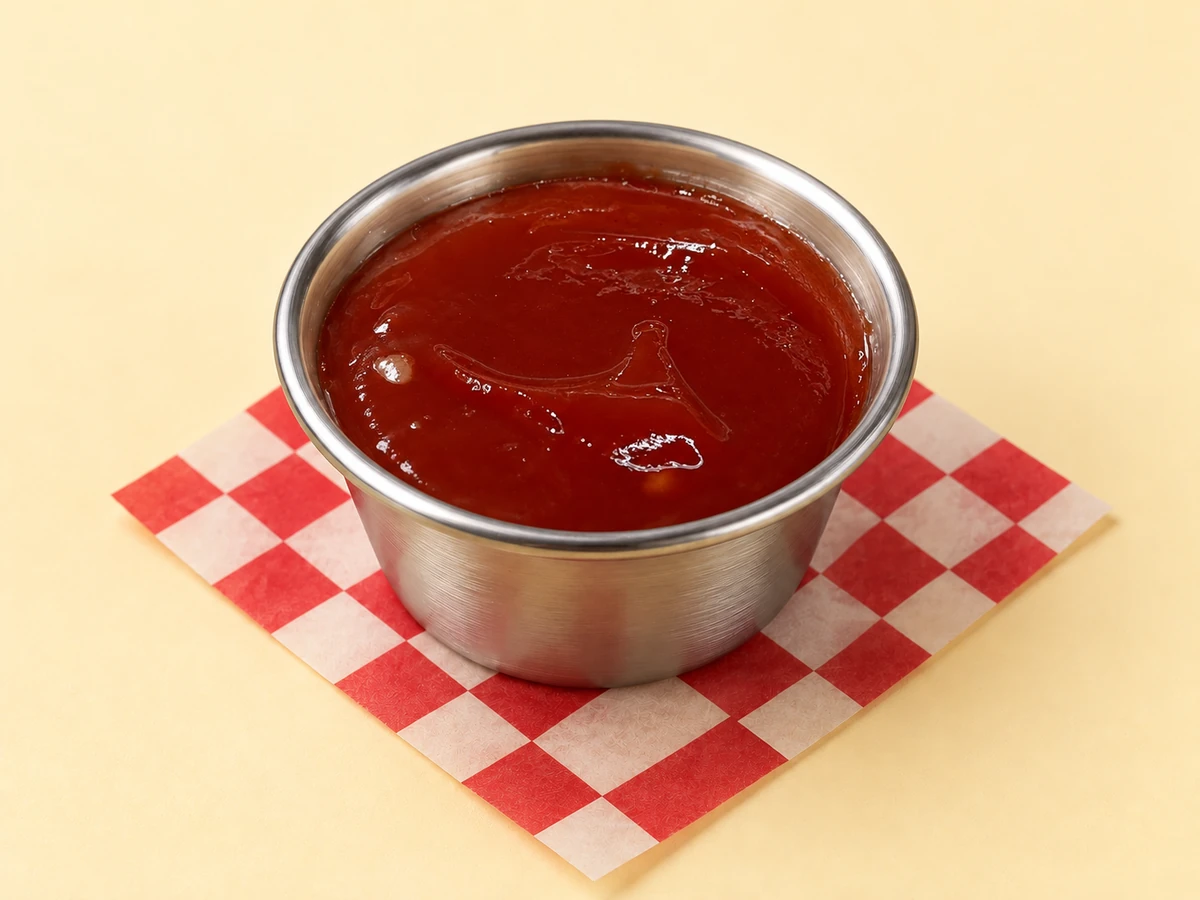Ketchup de PFC en un potecito de acero inoxidable sobre papel damero y fondo crema.