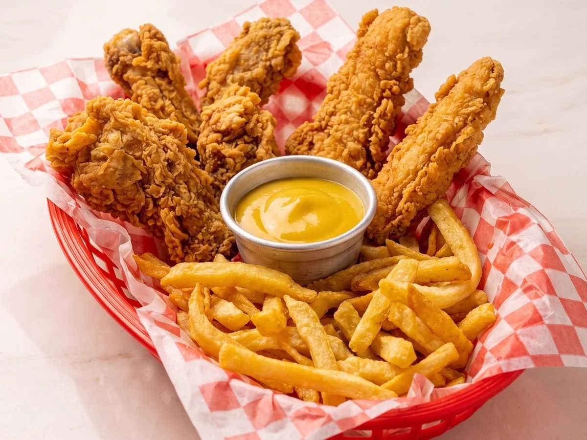 Canasto con distintas piezas de pollo frito, papas y salsa.