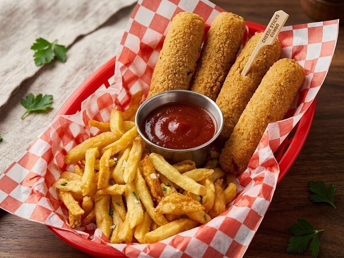 Bastones de muzzarella rebozados con papas fritas y salsa.