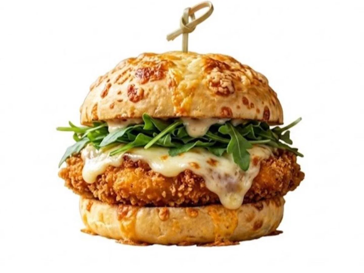 Muzza Crispy con muzzarella fundida y rúcula sobre el pollo frito.